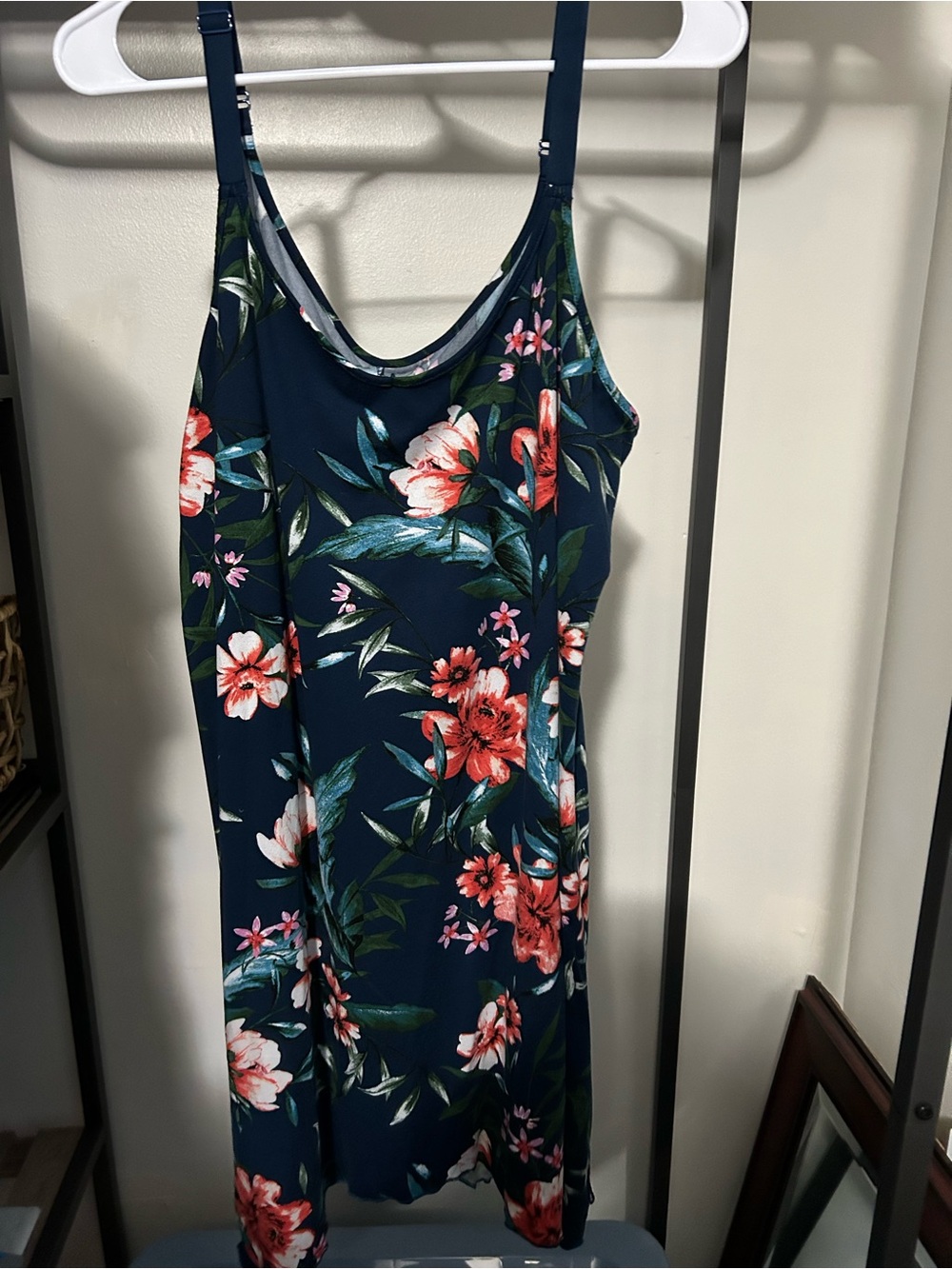 Navy Floral Chemise with Coral Blooms